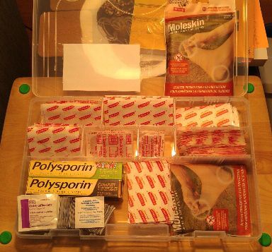 This tackle box also stores the bandaging for  blisters on heels.  Also available at Cabela's.  This box is #4, because these wounds will be less urgent.