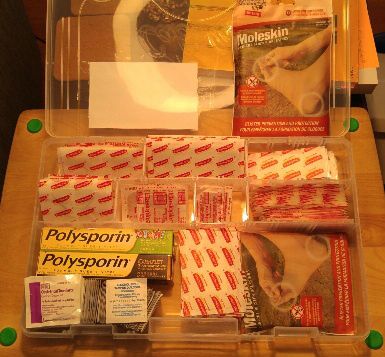 This tackle box also stores the bandaging for  blisters on heels.  Also available at Cabela's.  This box is #4, because these wounds will be less urgent.