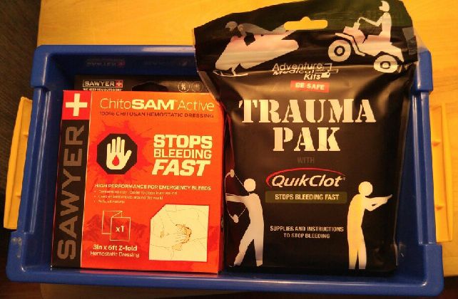 This trauma kit is in a plastic craft box the size of a shoe box.  It can hold a lot.