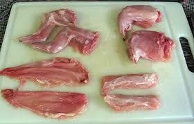 These meat cuts come from one rabbit.  Rabbits are easy to take care of, indoors or out, and their fast breeding assures nutritious meat regularly.