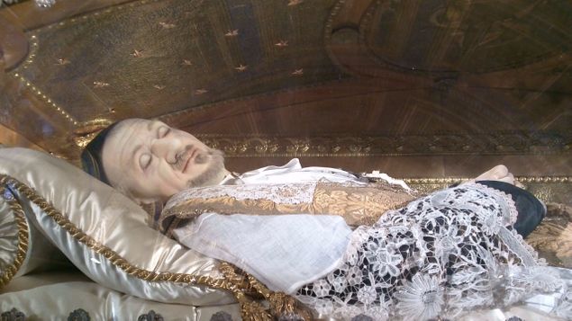 While we were not permitted to photograph the incorrupt body of Saint Catherine Laboure of the Miraculous Medal, we did venerate the bones of the founder of the Sisters of Charity, Saint Vincent de Paul. He was found incorrupt years ago, but a flood caused rotting of the flesh, so now his skeleton is covered in wax, as seen above.