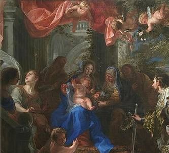 St Louis IX paying homage to the Infant Jesus by offering Him his crown and sword.